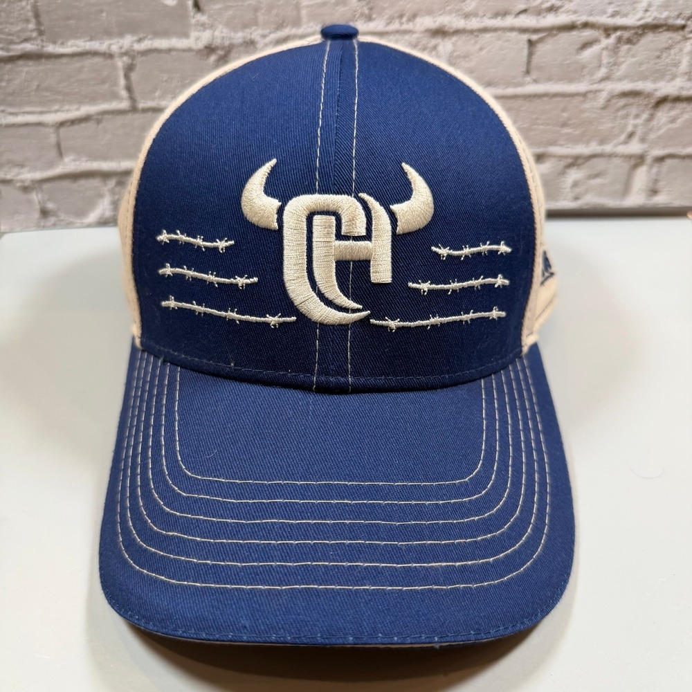 Cowboy Hardware Hat Mens OSFM Blue Cream Barbed Wire Bull Logo Snapback Cap